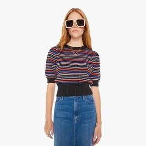 MOTHER The Powder Puff Lite Bright Sweater Black Multicolor Neon Stripe Small EX